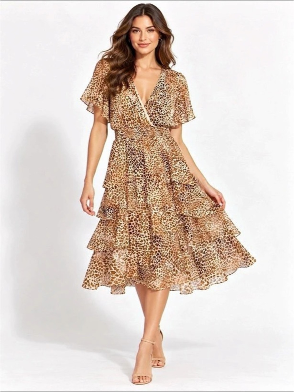 Vince Camuto Animal Print Asymmetrical Hem Midi smock Dress Brown & Cream Large
